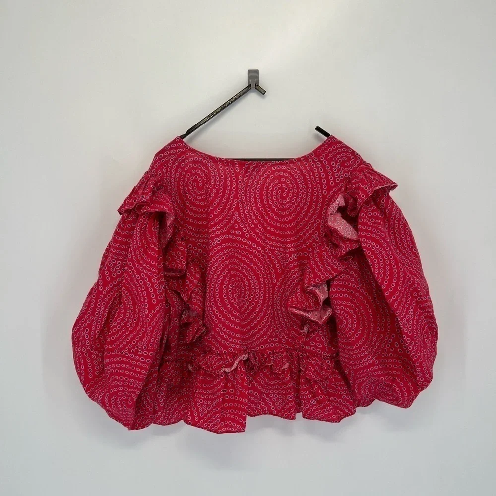 Rhode Voluminous Puff Sleeve Ruffled Retro Print Elodie Top In Red Trail - Picture 7 of 8
